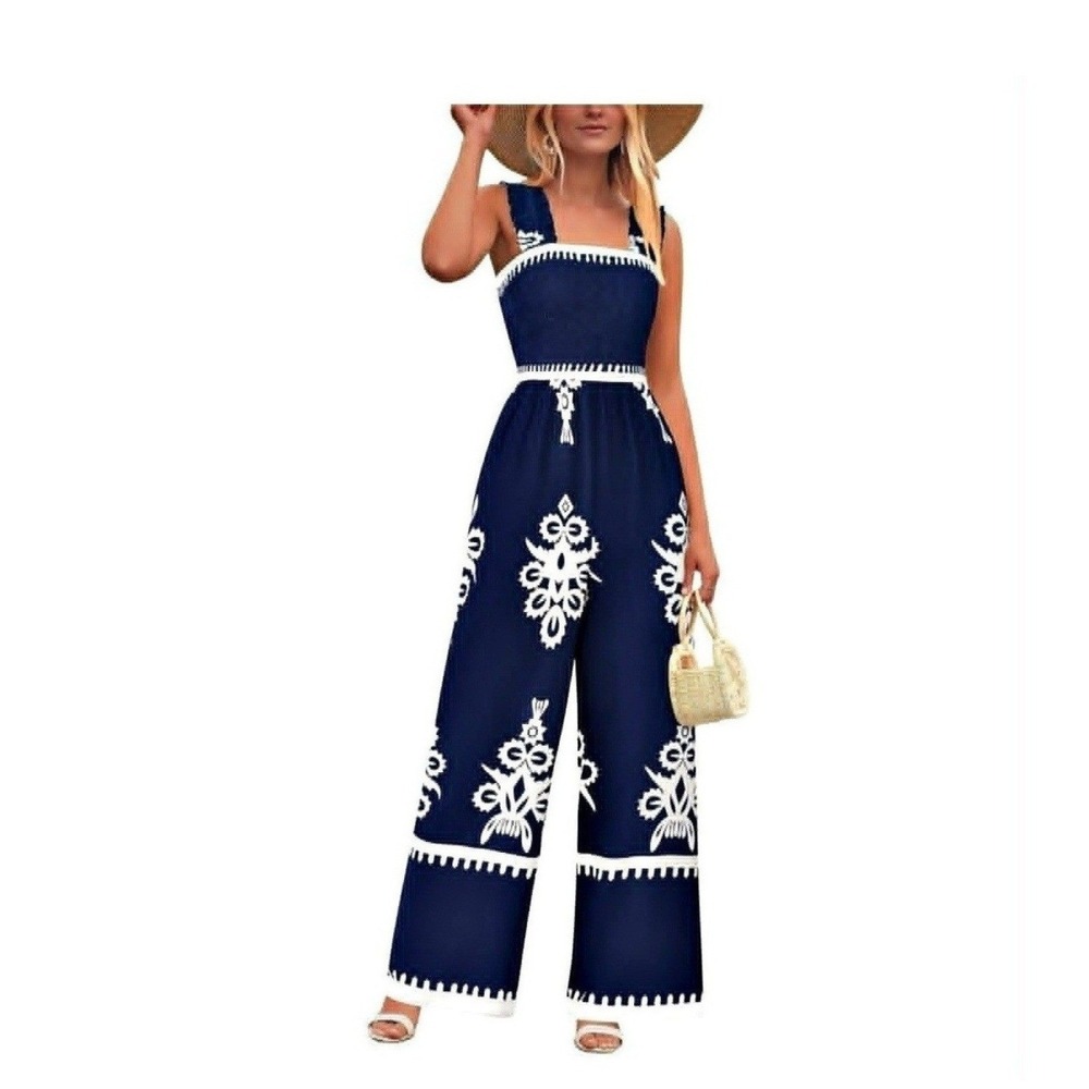 Pretty‎ Garden Shirred Strap Wide Leg Jumpsuit Pockets Boho Navy White Small